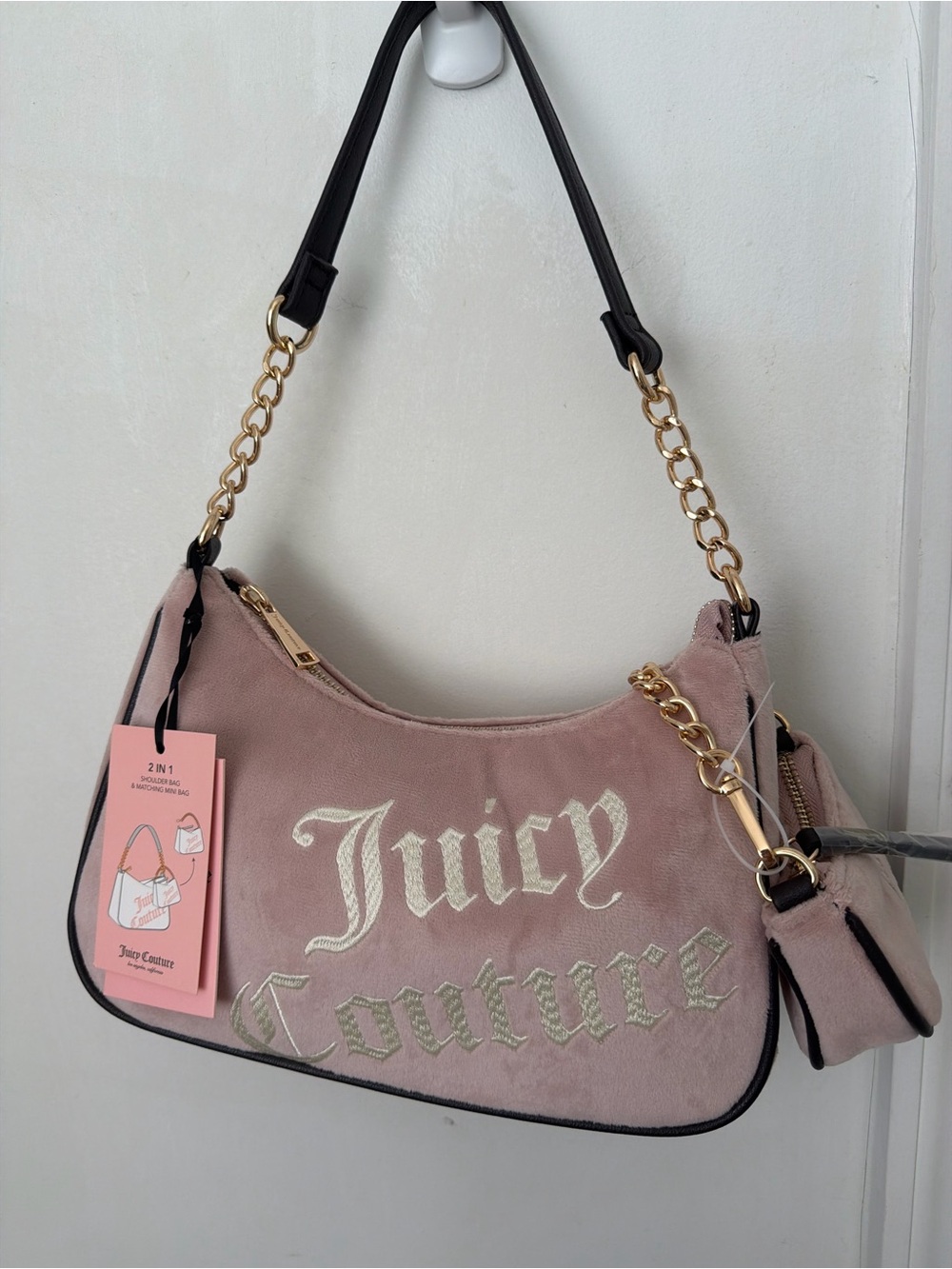 Juicy Couture Dusty Pink Velour Shoulder Bag with Gold Hardware